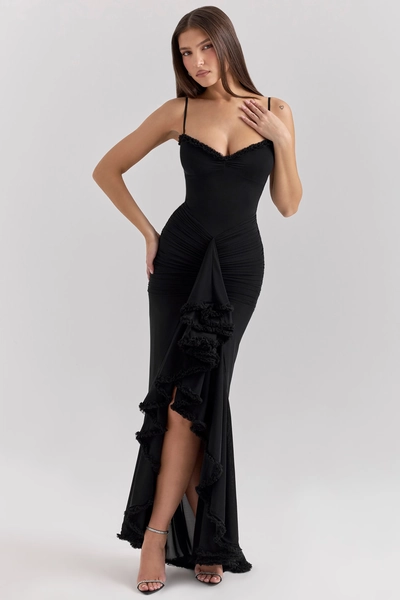 Gabbi Black Mesh Ruffled Front Gown