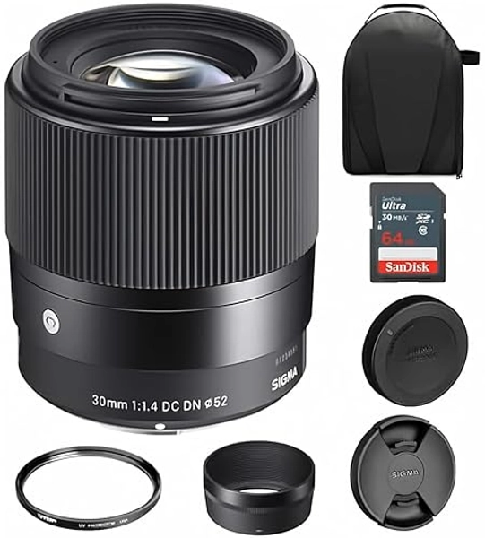 Sigma 30mm f/1.4 DC DN Contemporary Lens for Sony E | Mount Lens/APS-C Format, Rounded 9-Blade Diaphragm, Tiffen 52mm UV Protector Filter, 64GB Ultra UHS-I Memory Card, and Waith Camera Bag