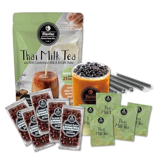 Flavfar Premium Thai Milk Tea Kit with Instant Brown Sugar Boba | Low Calorie, Authentic Bubble Tea Made in Taiwan - 5 Servings