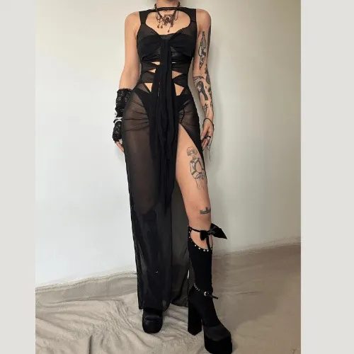 Sheer mesh see through knotted hollow out slit maxi dress goth Alternative Darkwave Fashion | Black / M
