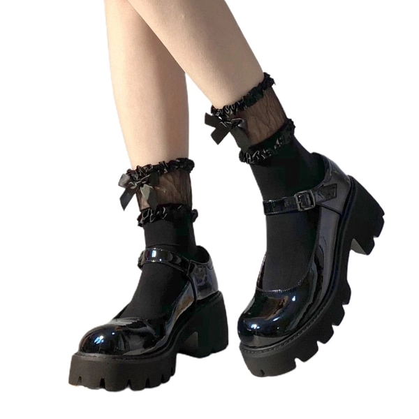 Black Lolita Transparent Bow Mesh Socks