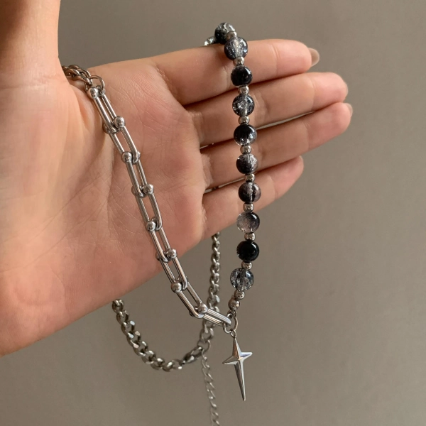 Chunky Silver Cross Black Beaded Stainless Steel Necklace, Unisex Grunge Streetwear Necklace, Pray Necklace, Waterproof Minimalist Necklace