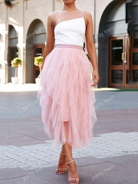 Layered Hem Mesh Overlay Skirt