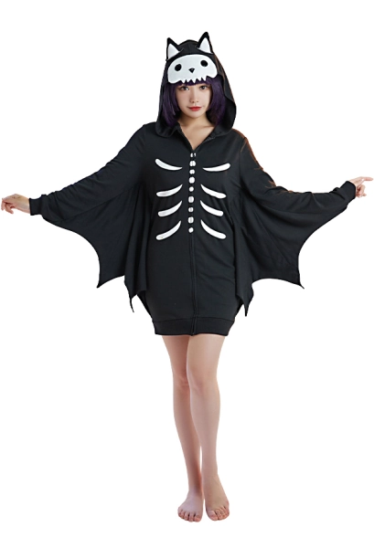 Halloween Women Short Sleep Dress Bat Shape Skull Print Loungewear Adult Hooded Homewear Kigurumi Sleepwear