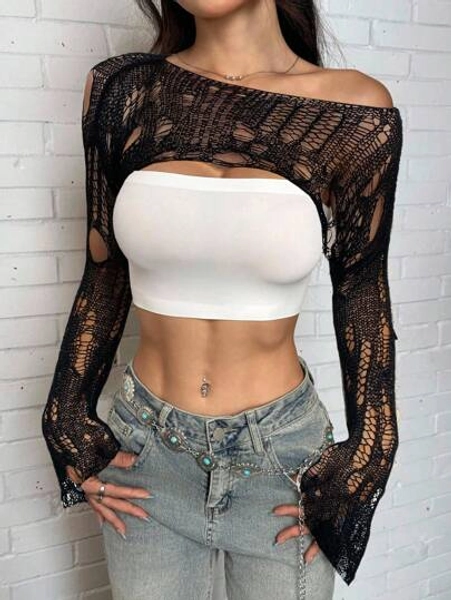 Transparent Distressed Black Crop Top