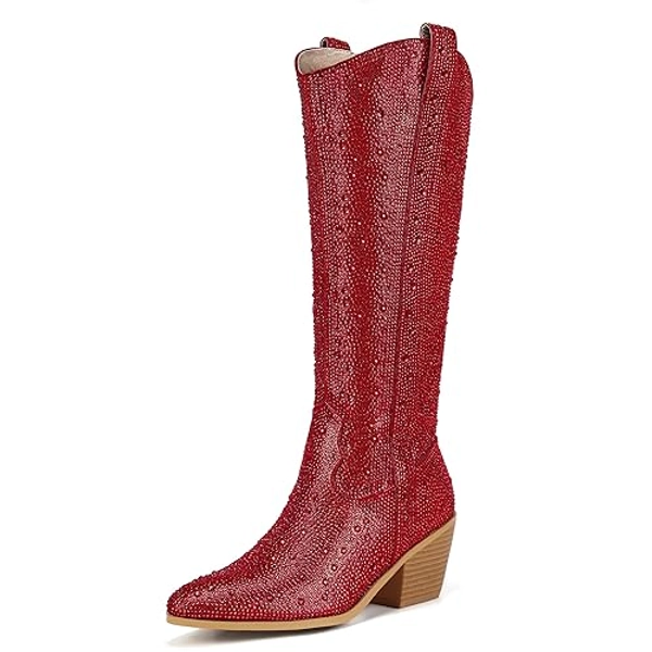 IDIFU IN3 Rhinestone Cowboy Boots For Women Knee High Western Cowgirl Boots Pointed Toe Block Chunky Heels Sparkly Glitter Long Tall Dress Booties Party Bling Shiny Boots