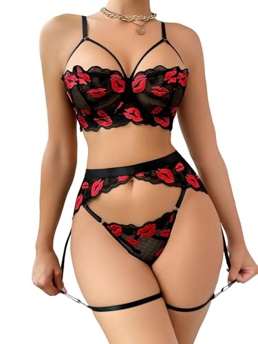 WDIRARA Women's Sexy Floral Lace Cut Out Underwire Garter Belt Bra and Panty Lingerie Set with Leg Rings - Large - Black Lip Print
