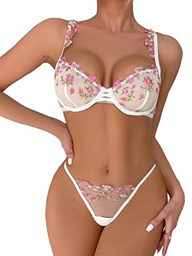 OYOANGLE Women's 2 Piece Floral Embroidery Mesh Underwire Bra and Thong Lingerie Set - Large - Pink Sheer