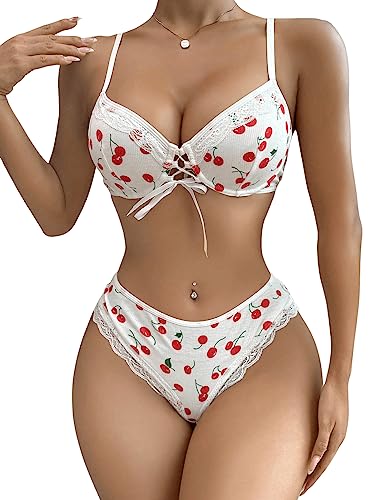 SweatyRocks Women's 2 Piece Lingerie Set Graphic Print Lace Up Tie Front Underwire Bra with Briefs - Large - White
