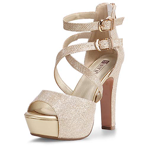 IDIFU Women's IN5 Charcy Crisscross Strappy Platform High Chunky Heels Peep Toe Pump Party Heeled Sandals - 7 - Gold