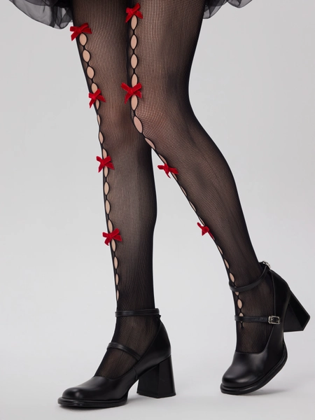 Bowknot Decor Lace Pattern Tights 