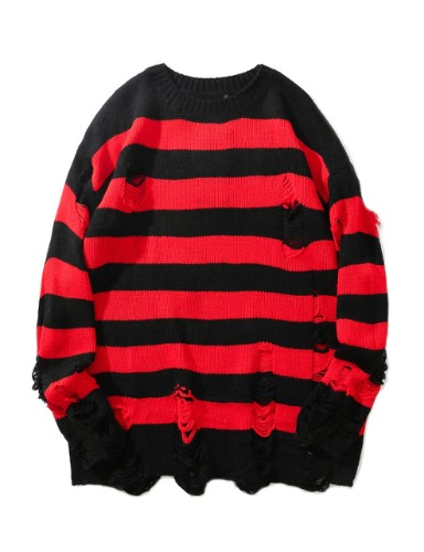 Zhiyouni Womens Punk Gothic Sweater Loose Oversized Striped Ripped Pullover Knit Sweaters - Red Medium