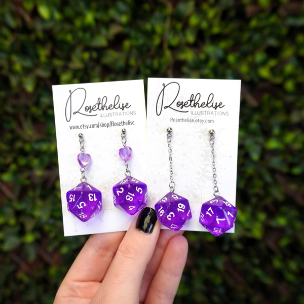 D20 Dangle OR Heart Earrings in Purple