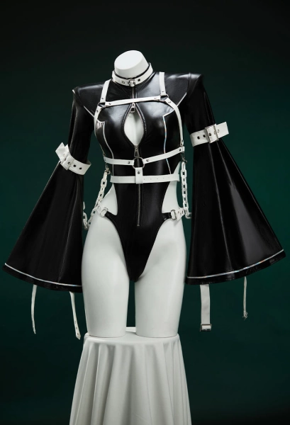 Code Giasu C.C. Derivative Sexy Black Jumpsuit Bodysuit Lingerie Hollow Strap Bodysuit with Long Stockings