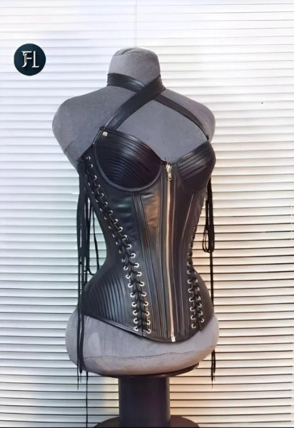 Women Genuine Leather Corset Steel Boned Over Bust Korsettkleid leder Back lace
