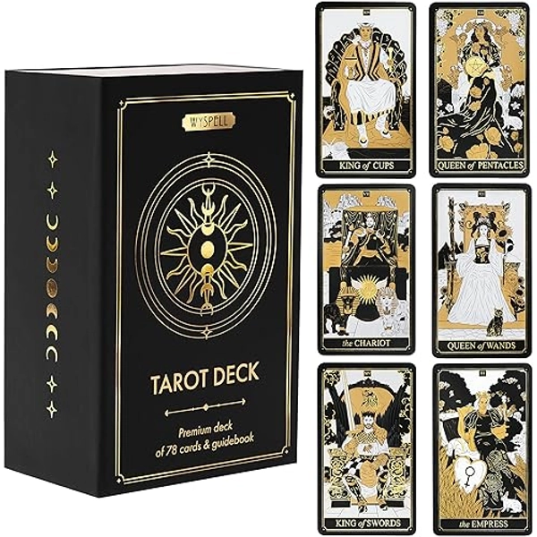 Wyspell Classic Tarot Cards with Guide Book - 78 Gold Tarot Cards for Beginners Tarot Cards Set - Black Tarot Decks with Guidebook - Original Tarot Cards Deck - Tarot Deck with Guidebook
