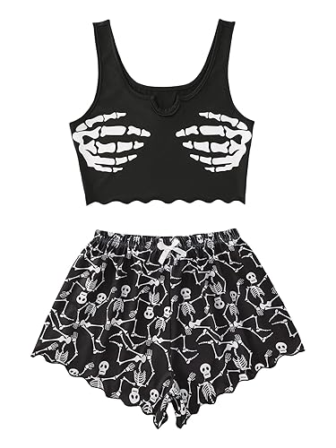 WDIRARA Women's Plus Size Sleepwear Cute Cartoon Print Scalloped Tank Top and Shorts Pajama Set - XX-Large Plus - Black and White