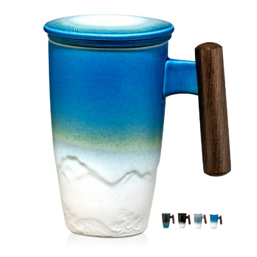 suyika Tomotime Ceramic Tea Cup with Infuser and Lid Tea Mugs Wooden Handle 400ml/13.5oz (Cyan blue) - Cyan blue