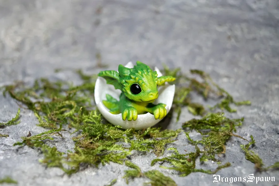 Stickers inside! Newborn green dragon in egg. Little miniature of dragon!