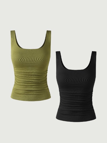 Eco-SkinKiss®2.0 Ruched Sides Square Brami Tank Top-Hip Length 2Pcs Set - Olive Oil/Black / M