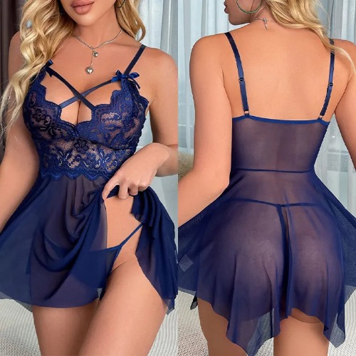 Midnight Temptation: Crotchless Lingerie Set & Nightgown (Blue/Black/Red) - 221-BLUE / L