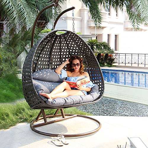 Island Gale® Luxury 2 Person Wicker Swing Chair ((2 Person) X-Large, Charcoal Rattan/Charcoal Cushion) - (2 Person) X-LARGE - Charcoal Rattan/Charcoal Cushion