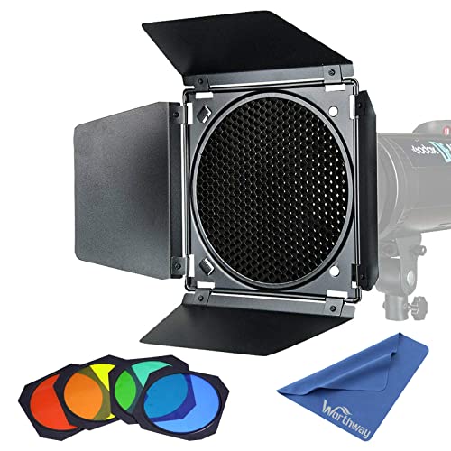 Godox BD-04 Barn Door Barndoor with Honeycomb Grid and 4 Color Gel Filters (Red Yellow Blue Green) Compatible with 7" Standard Reflector for Godox AD600BM/AD600Pro/SL60W/SL150WII/MS300/MS300V