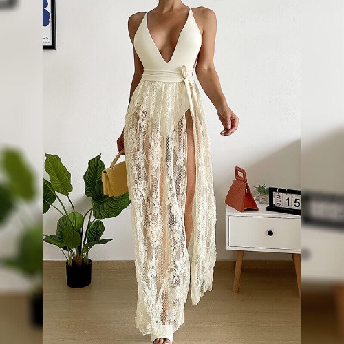 Deep V Backless One-piece Swimsuit With Lace Beach Skirt - White / L (Bust 97 cm)