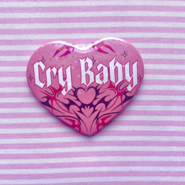 Crybaby heart shaped pin button badge // cyber tribal neotribal alternative tattoo style