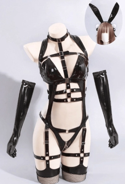 Sexy Cosplay Dessous Set für Bunny Girl Lingerie Bodysuit mit Hohlträgern Netzstrümpfen Hasenohren