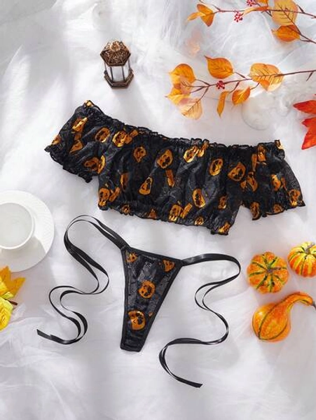 Sexy Lingerie For Women, Black And Yellow Clash Color, Funny Pumpkin Fairy Print, One-Shoulder Strap Design, Erotic 2 Pieces Set, Including Bra And Panties, Perfect For Halloween Costume Parties At Nightclubs.