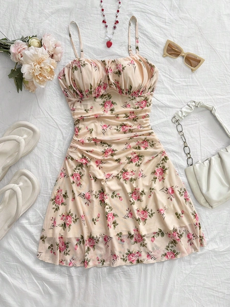 Soleia Vestido mini de línea A con tirantes finos y estampado floral romántico, adecuado para fiestas, citas, San Valentín, Pascua, carnaval, playa, cruceros, té de la tarde, moda primavera/verano