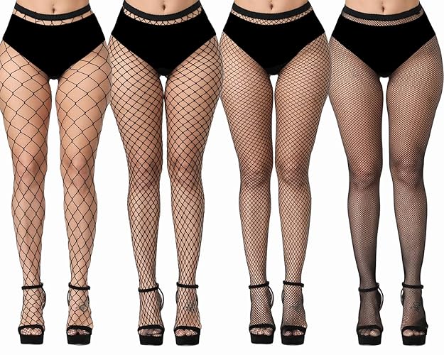 iCamter Plus Size Fishnet Stockings, Black Fishnet Tights Thigh High Stockings Suspender Pantyhose - One Size - Black Style 1 (4 Pack)