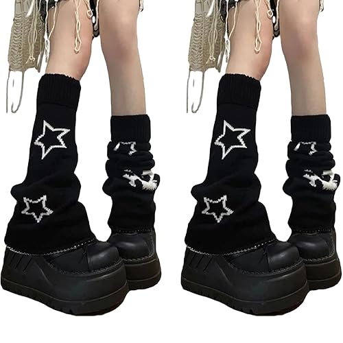 heyheyshine Y2k Star Skull Print Two Side Wear Knitted Leg Warmers Socks Punk Girls Japanese Kawaii Streetwear Leg Cover - Skull Star Flared - One Size