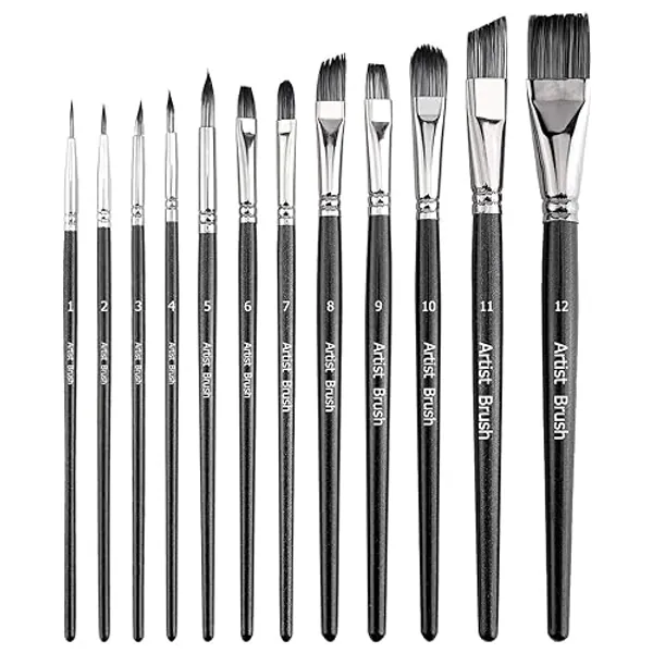 AIEX 12Pcs Paint Brushes, Anti-Shedding Nylon Hair Flat Shader Tip Artist Paintbrushes for Watercolor Acrylic Ink Gouache Oil and Tempera Painting - Black