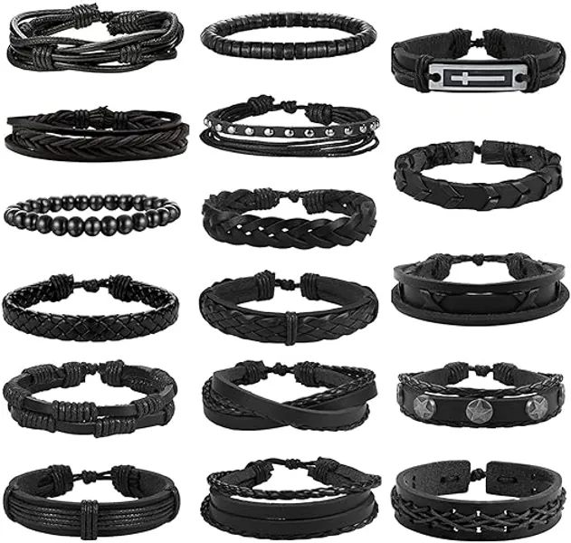 Adramata 10-17 Pcs Braided Leather Bracelet for Men Women Leather Wrist Punk Cuff Wrap Bracelets - 17pcs-Black