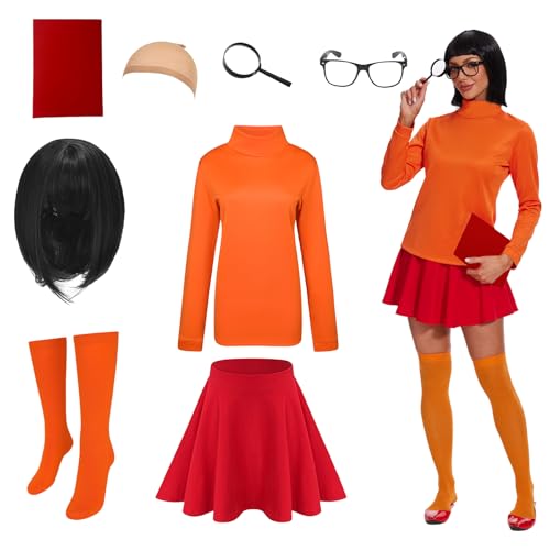 Velma adult Costume Halloween Sexy Women Orange turtleneck Top,Classic Bob Wig,Stockings,Skirt,Glasses Set - Medium
