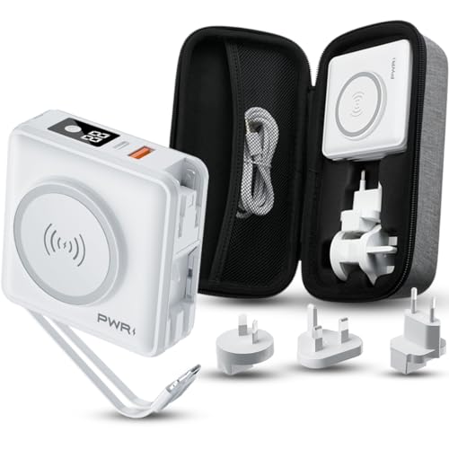 PWR Travel PRO 5-in-1 Power Bank – 20W USB C Power Bank with Case Included – 15W Fast Charging Wireless Portable Charger – Travel Power Bank with 10,000mAh Battery – Compatible with Lightning, USB-C - White with Grey Case