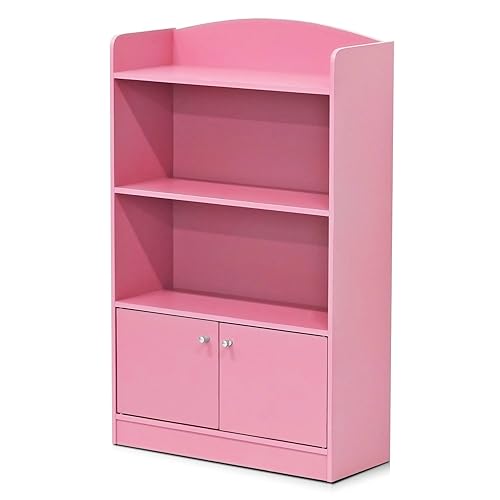 Furinno Lova Bookshelf with Storage Cabinet, 2-Shelf with Doors, Pink - Pink - 2-Shelf with Doors