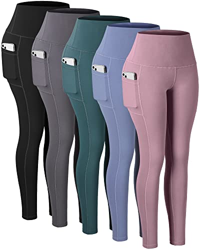 CHRLEISURE Leggings with Pockets for Women, High Waisted Tummy Control Workout Yoga Pants - X-Large - 5 Packs - Black/Gray/Pink/Blue/Green
