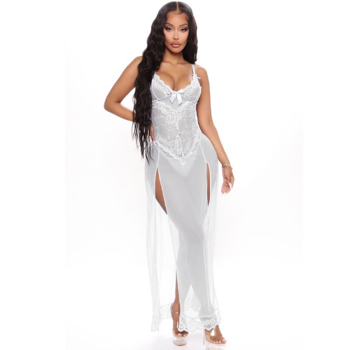 Pleated Plus Size Slip Dress Lace seductive Pajamas - XL / White