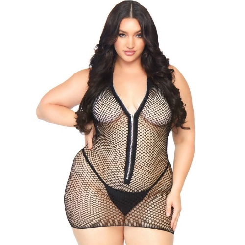 LEG AVENUE FISHNET ZIP UP MINIDRESS 1X-2X
