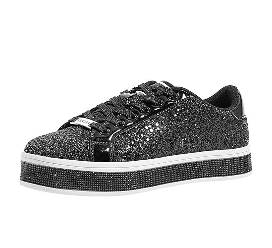 LUCKY STEP Women's Platform Glitter Sneakers | Sparkly Bling Shiny Dressy Bedazzled Wedding Bridal Fashion Walking Shoes - 8 UK - Black