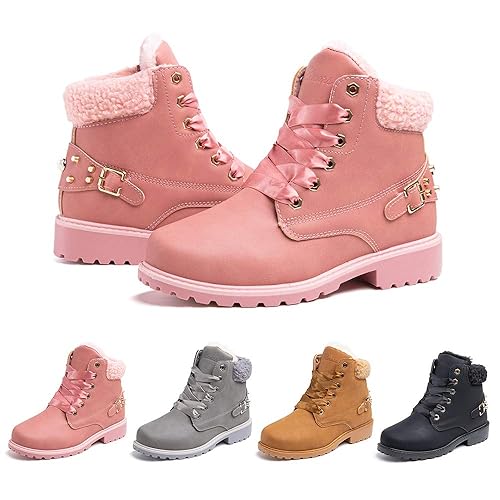 Ladies Ankle Boots Womens Snow Shoes Fur Lined Winter Combat Boot Warm Lace Up Plat PU Leather Booties Comfy Fashion Outdoor Black Grey Brown 3.5-9 UK - 5 UK - Winter Boots 01 Pink