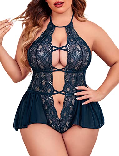 Avidlove Womens Plus Size Lingerie Lace Bodysuit Teddy Deep V One Piece Lace Babydoll - Navy Blue - 4X-Large