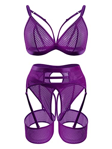 popiv 4 Piece Garter Lingerie for Women, Sexy Cutout Lingerie, Mesh Matching Lingerie Set - XX-Large - Purple
