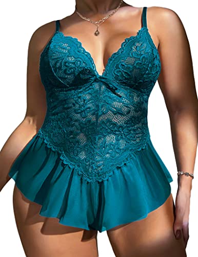 Avidlove Plus Size Women Lingerie Bodysuit Sexy Lace Teddy One Piece Babydoll Chemise L-4XL - Blue Green - 3X-Large