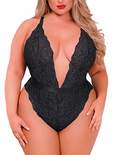AnloveKiss Plus Size Lingerie for Women Sexy Lace Teddy Bodysuit Underwear Black One Piece V-Neck Nightwear - Black - 3X-Large