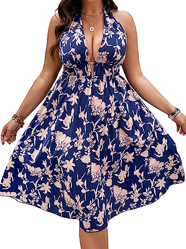 WDIRARA Women's Plus Size Crossover Halter Neck Tie Cut Out Ruffle Flowy A Line Dress 2023 Summer Short Dress - XX-Large Plus - Floral Blue