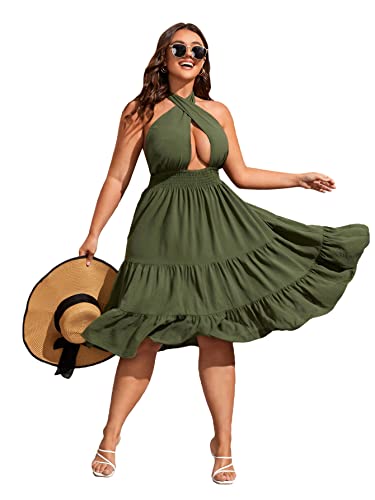WDIRARA Women's Plus Size Crossover Halter Neck Tie Cut Out Ruffle Flowy A Line Dress 2023 Summer Short Dress - XX-Large Plus - Army Green